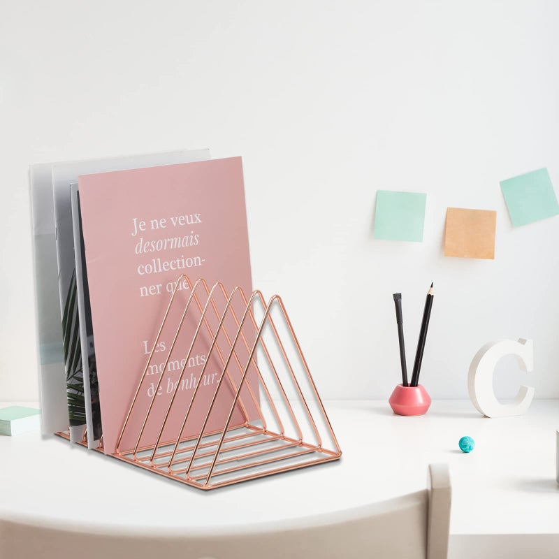 EASEPRES Rose Gold Magazine Holder, Desktop File Sorter Organizer Triangle 9 Slot Newspaper Record Storage Shelf Rack for Home Office Decoration - Image 2